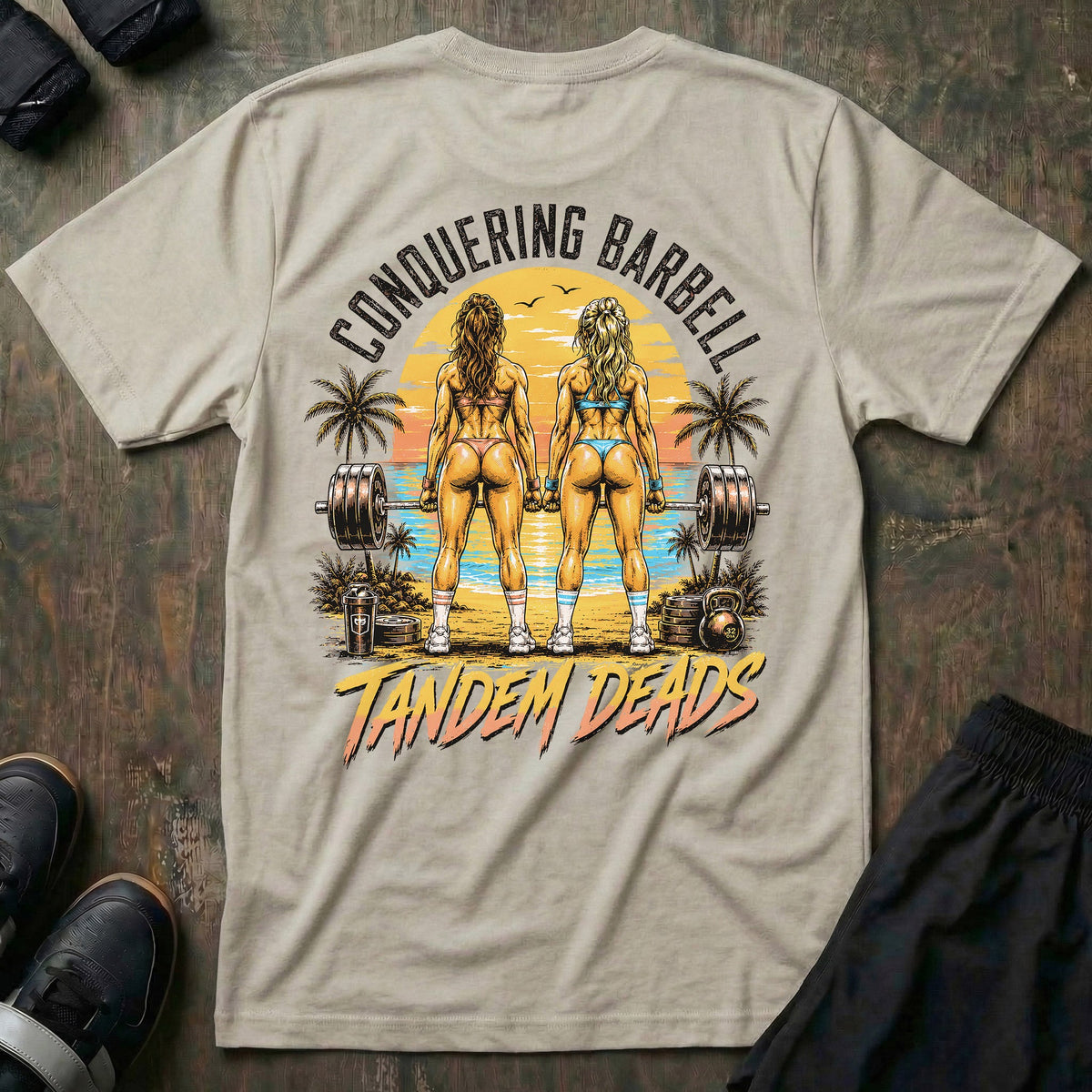 Tandem Deads tee in Sand: two athletic women deadlifting side by side on a palm-lined beach at sunset
