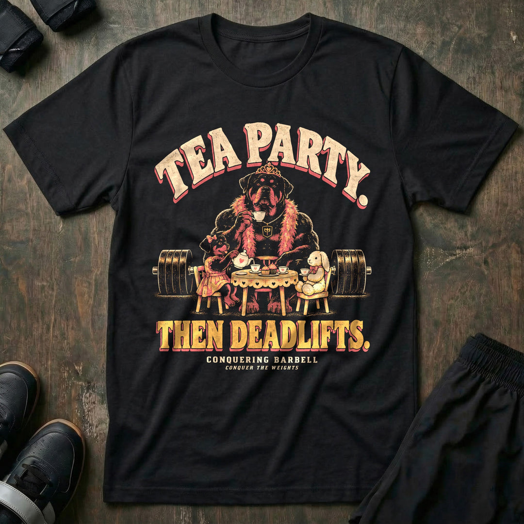 Tea Party. Then Deadlifts - Tee front graphic in Black with a rottweiler dad wearing a tiara and pink feather boa drinking tea with his daughter and a stuffed bunny in front of a loaded barbell - Conquering Barbell