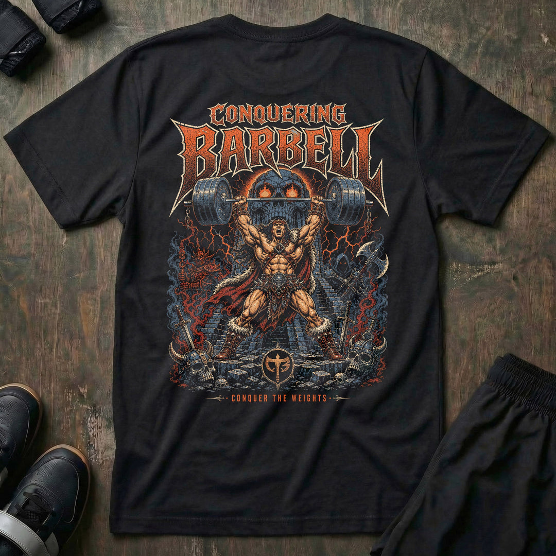 Temple Overlord tee in Black: a barbarian warrior at the top of an ancient stone pyramid pressing a loaded barbell overhead