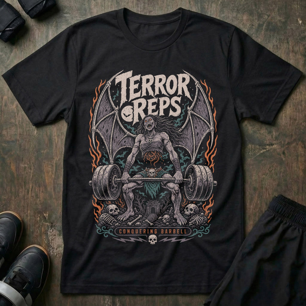 Terror Reps Manananggal tee in Black: the winged horror of Southeast Asian legend behind a loaded bar