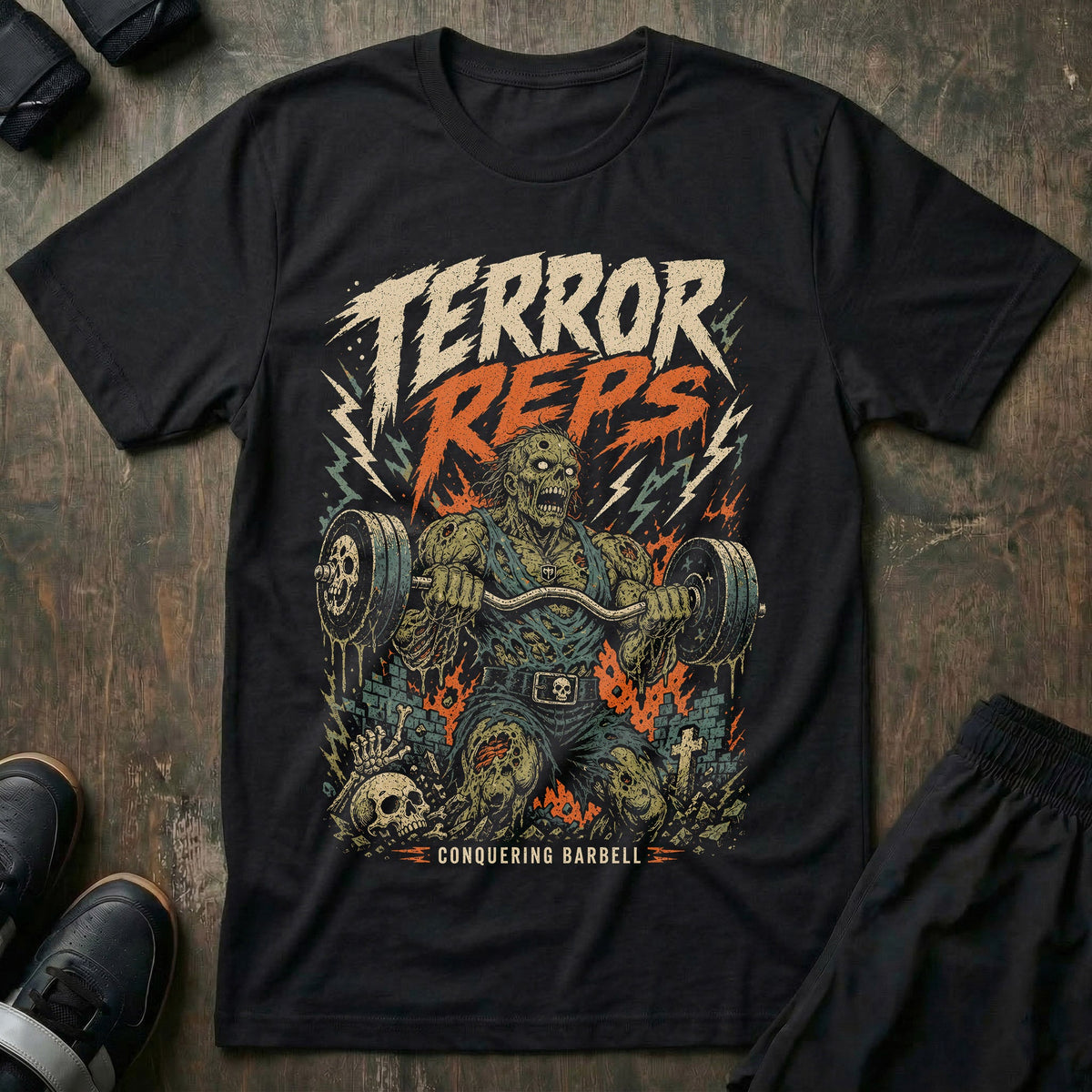 Terror Reps Zombie tee in Black: a massive rotting zombie in a skull-buckled belt curling a loaded barbell with both hands