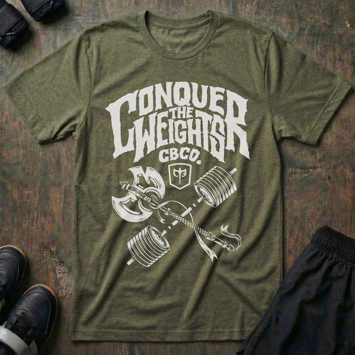 The Axe &amp; The Barbell tee in Military: CONQUER THE WEIGHTS in distressed lettering with CBCO
