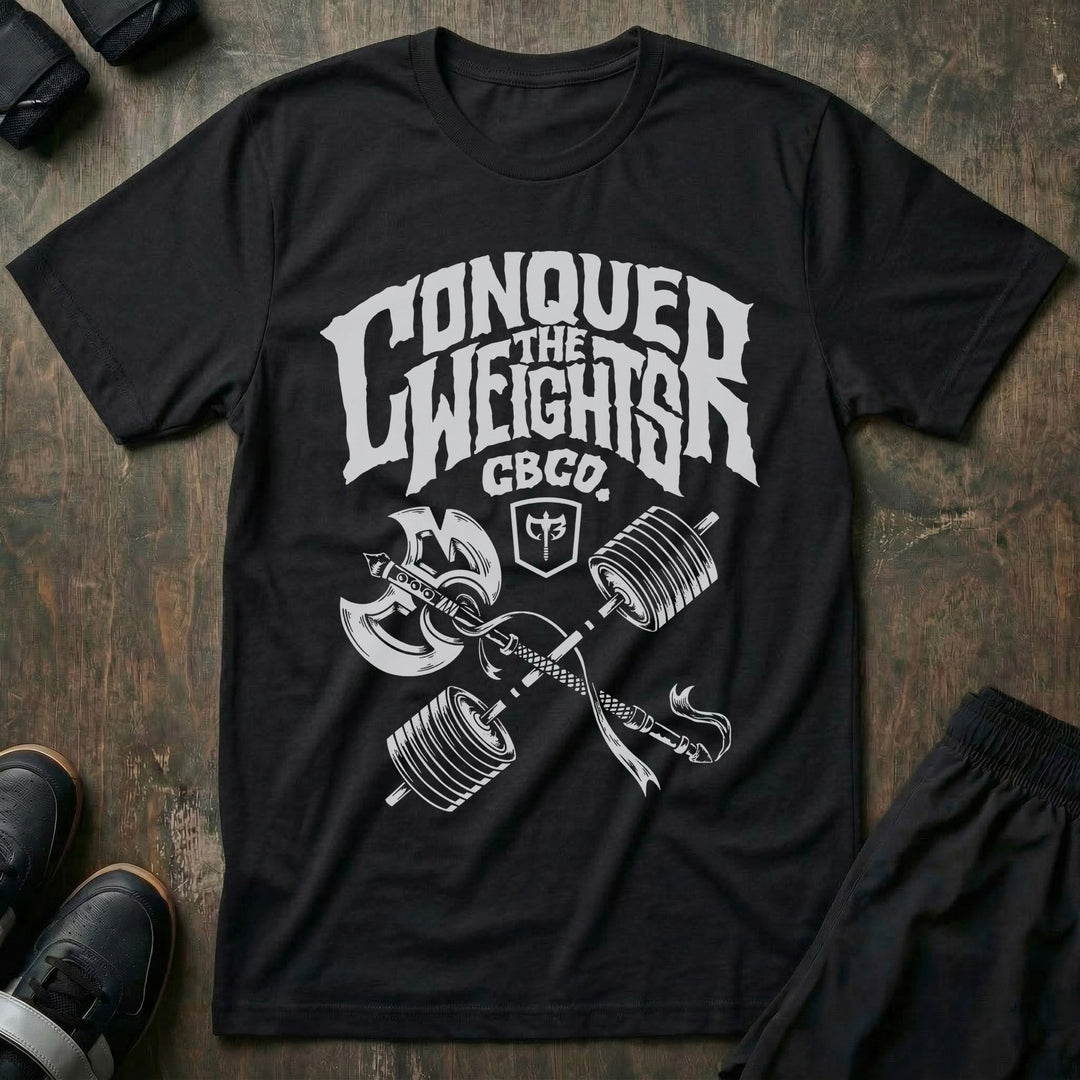 The Axe & The Barbell tee in Black: CONQUER THE WEIGHTS in distressed lettering with CBCO