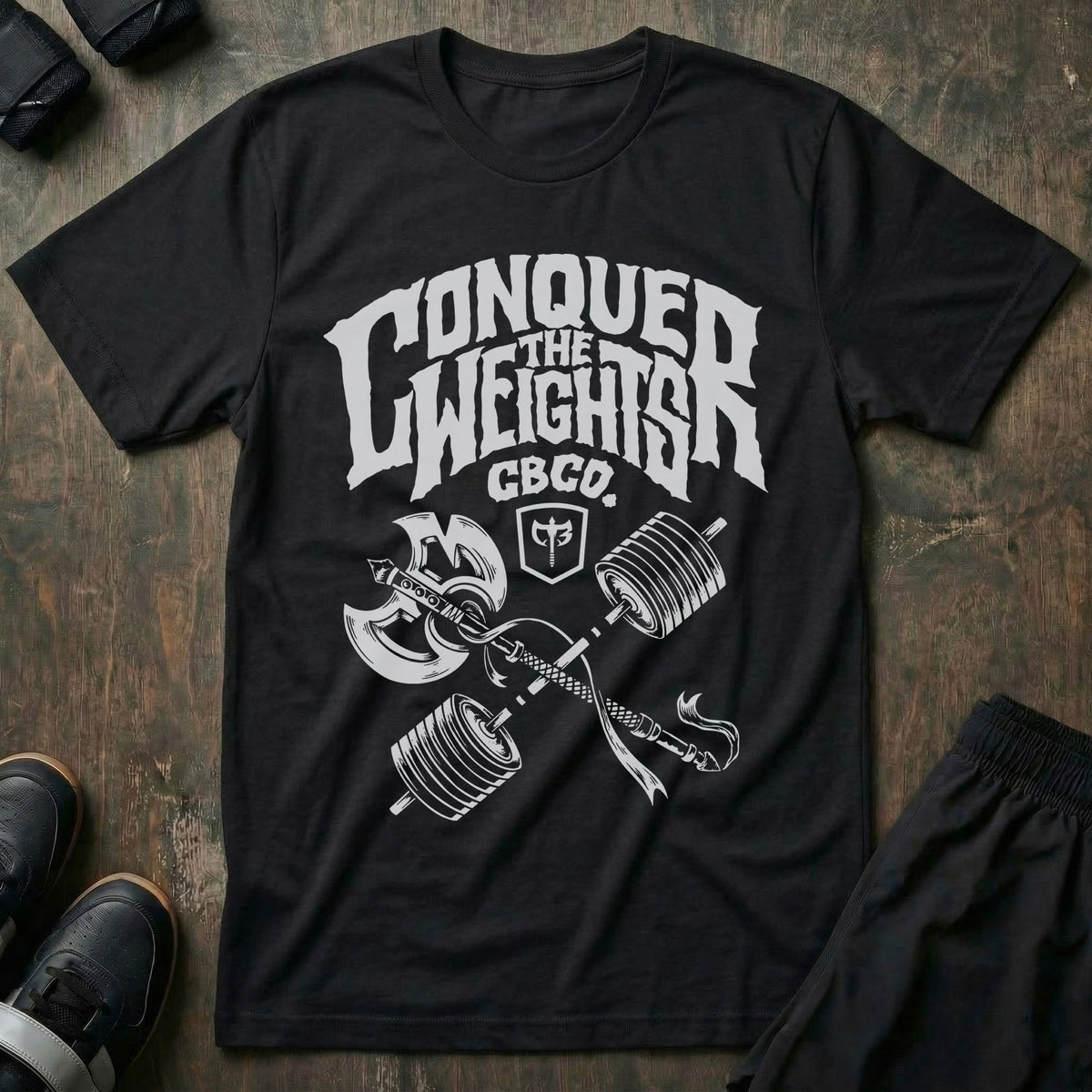 The Axe & The Barbell tee in Black: CONQUER THE WEIGHTS in distressed lettering with CBCO