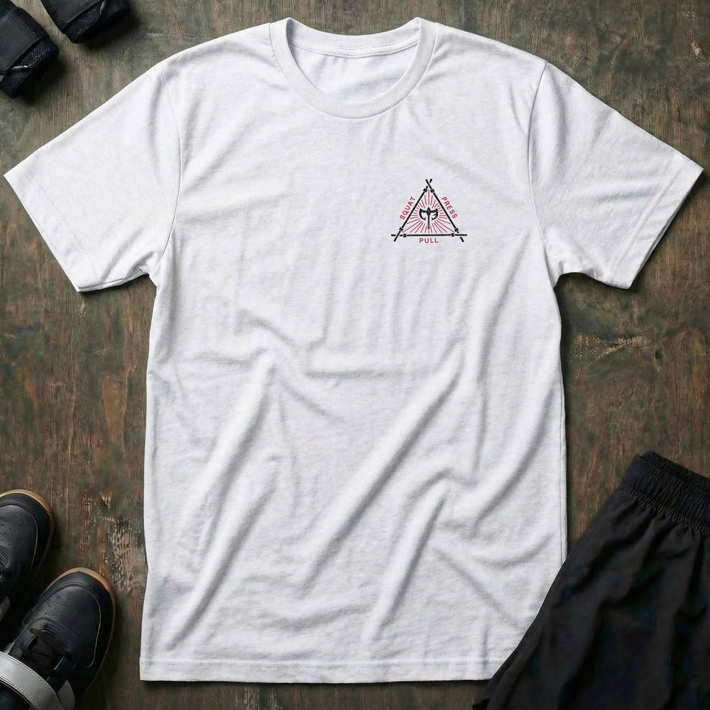 The Balance of Power tee in White: a dragon and a tiger flanking a triangle of the three lifts
