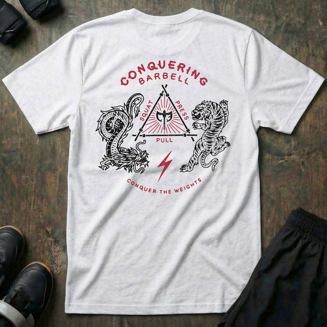 The Balance of Power tee in White: a dragon and a tiger flanking a triangle of the three lifts