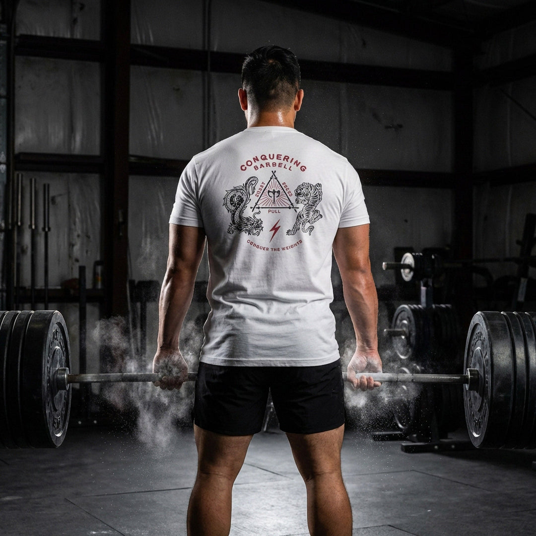 The Balance of Power tee in White: a dragon and a tiger flanking a triangle of the three lifts
