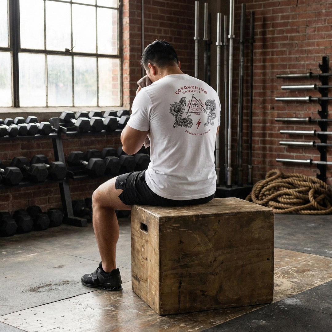The Balance of Power tee in White: a dragon and a tiger flanking a triangle of the three lifts