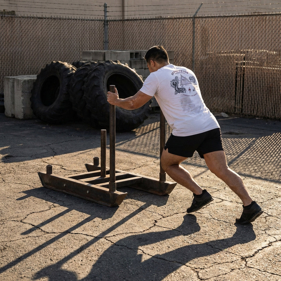 The Balance of Power tee in White: a dragon and a tiger flanking a triangle of the three lifts