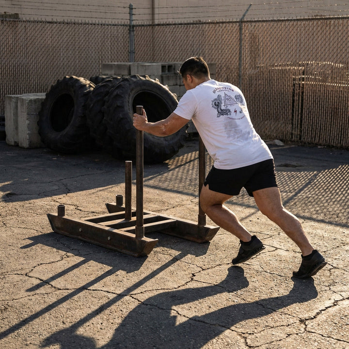 The Balance of Power tee in White: a dragon and a tiger flanking a triangle of the three lifts