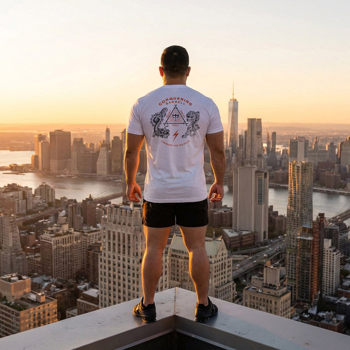The Balance of Power tee in White: a dragon and a tiger flanking a triangle of the three lifts