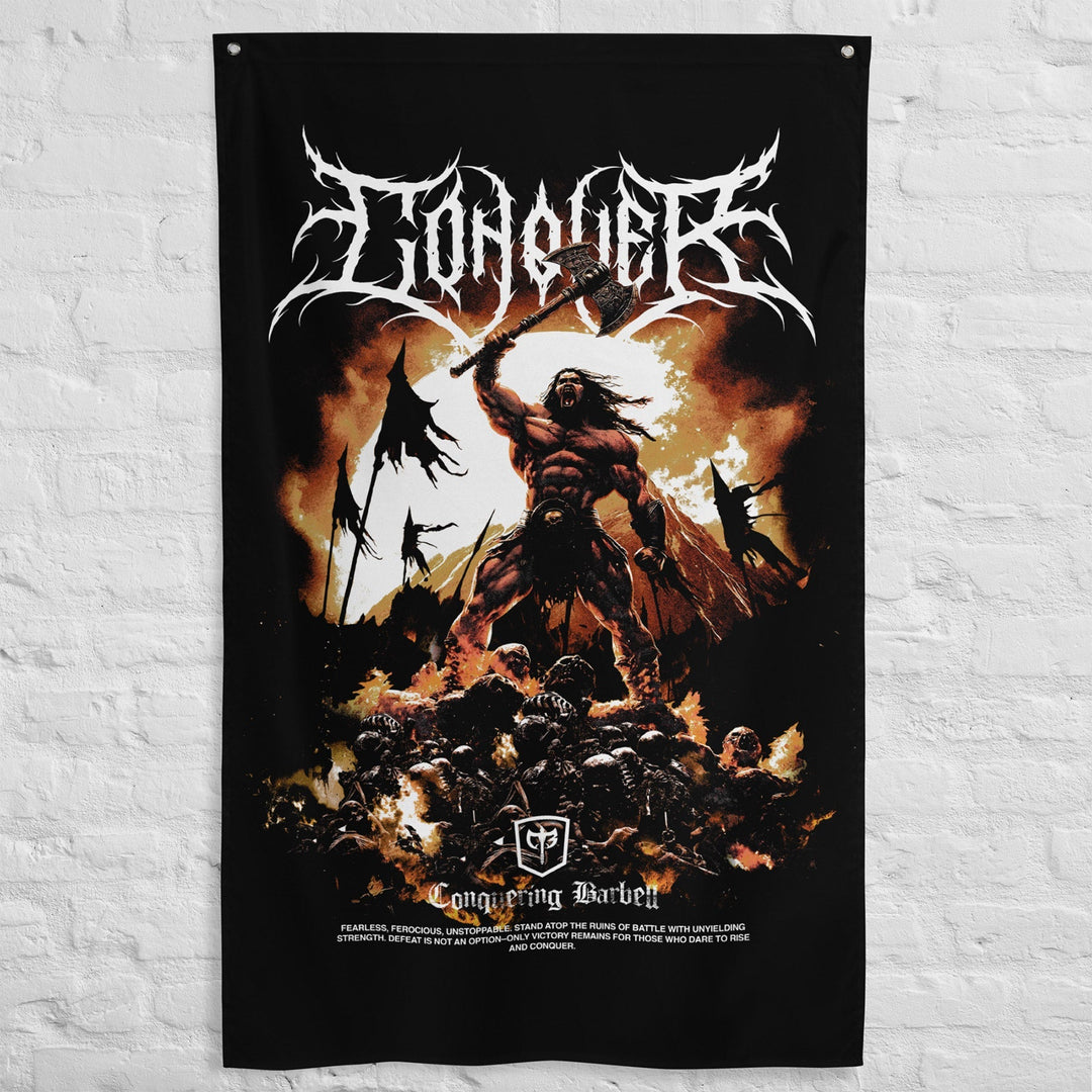 The Barbarian - Polyester Flag, vertical gym flag hanging in a home gym - Conquering Barbell