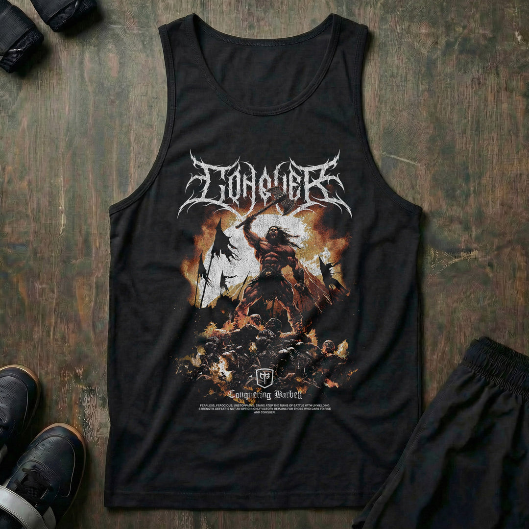 The Barbarian - on Black tank top - Conquering Barbell