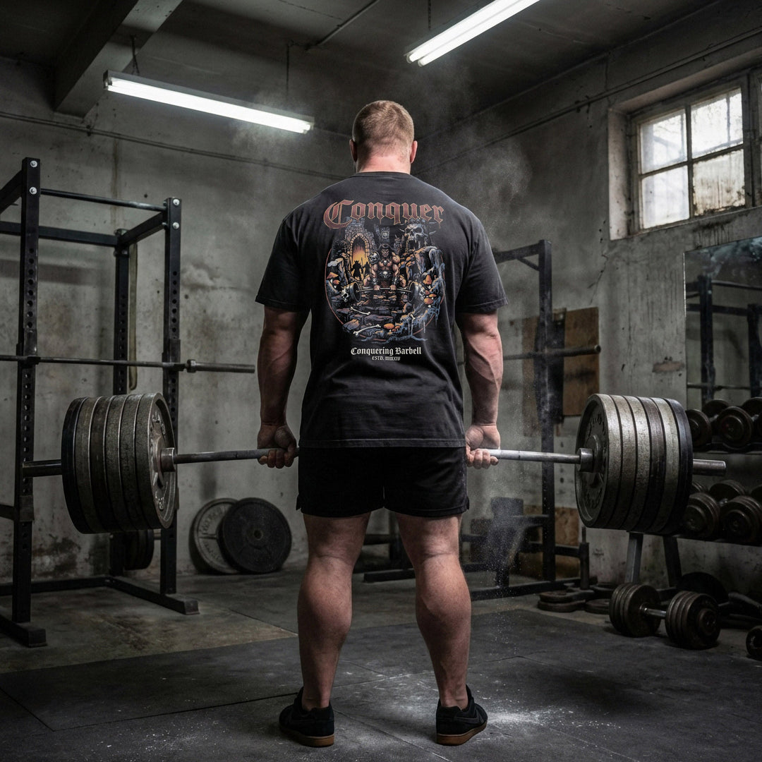 The Barbarian V2 relaxed fit tee in Black: a savage warrior pulling heavy in the ruins of a fallen kingdom