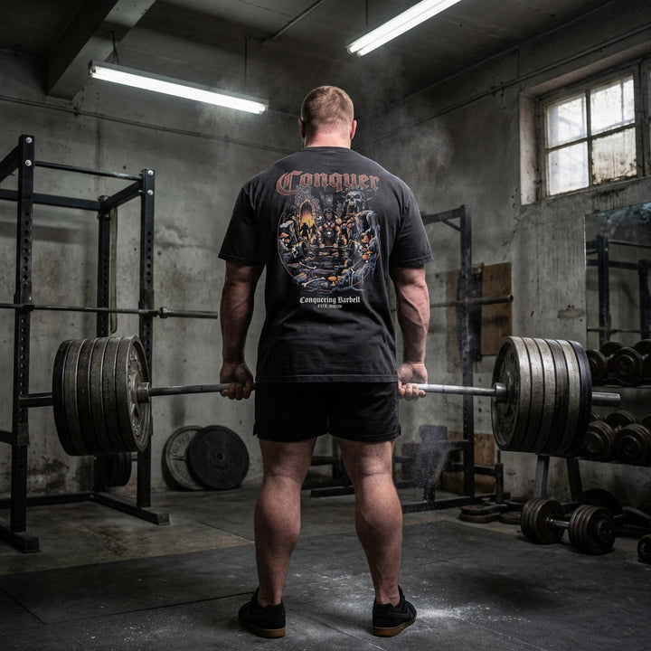 The Barbarian V2 relaxed fit tee in Black: a savage warrior pulling heavy in the ruins of a fallen kingdom