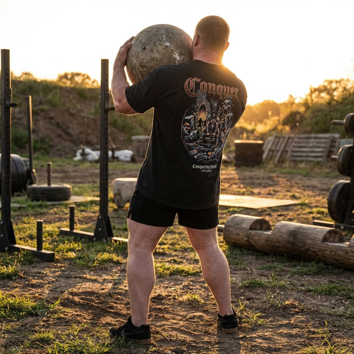 The Barbarian V2 relaxed fit tee in Black: a savage warrior pulling heavy in the ruins of a fallen kingdom