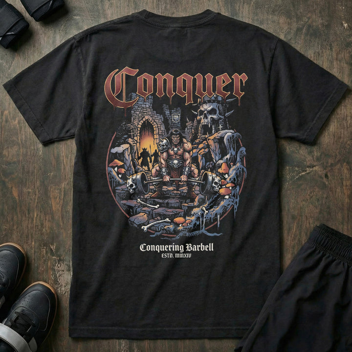 The Barbarian V2 relaxed fit tee in Black: a savage warrior pulling heavy in the ruins of a fallen kingdom