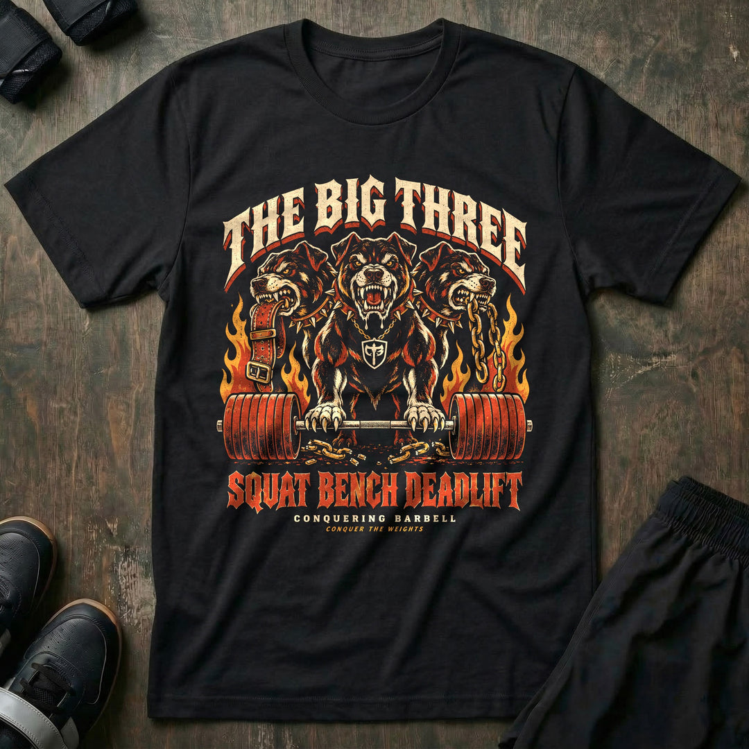 The Big Three - Tee front graphic in Black with a three-headed hellhound with a loaded barbell surrounded by flames - Conquering Barbell