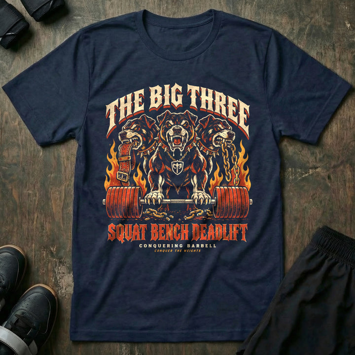 The Big Three - Tee front graphic in Navy with a three-headed hellhound with a loaded barbell surrounded by flames - Conquering Barbell