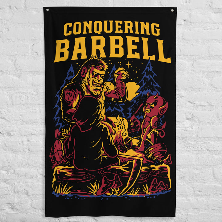 The Camp Out Flag - Polyester Flag, vertical gym flag hanging in a home gym - Conquering Barbell