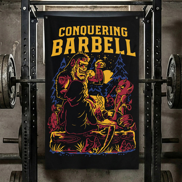 The Camp Out Flag - Polyester Flag, vertical black gym flag with sasquatch hunched over a campfire in the woods - Conquering Barbell