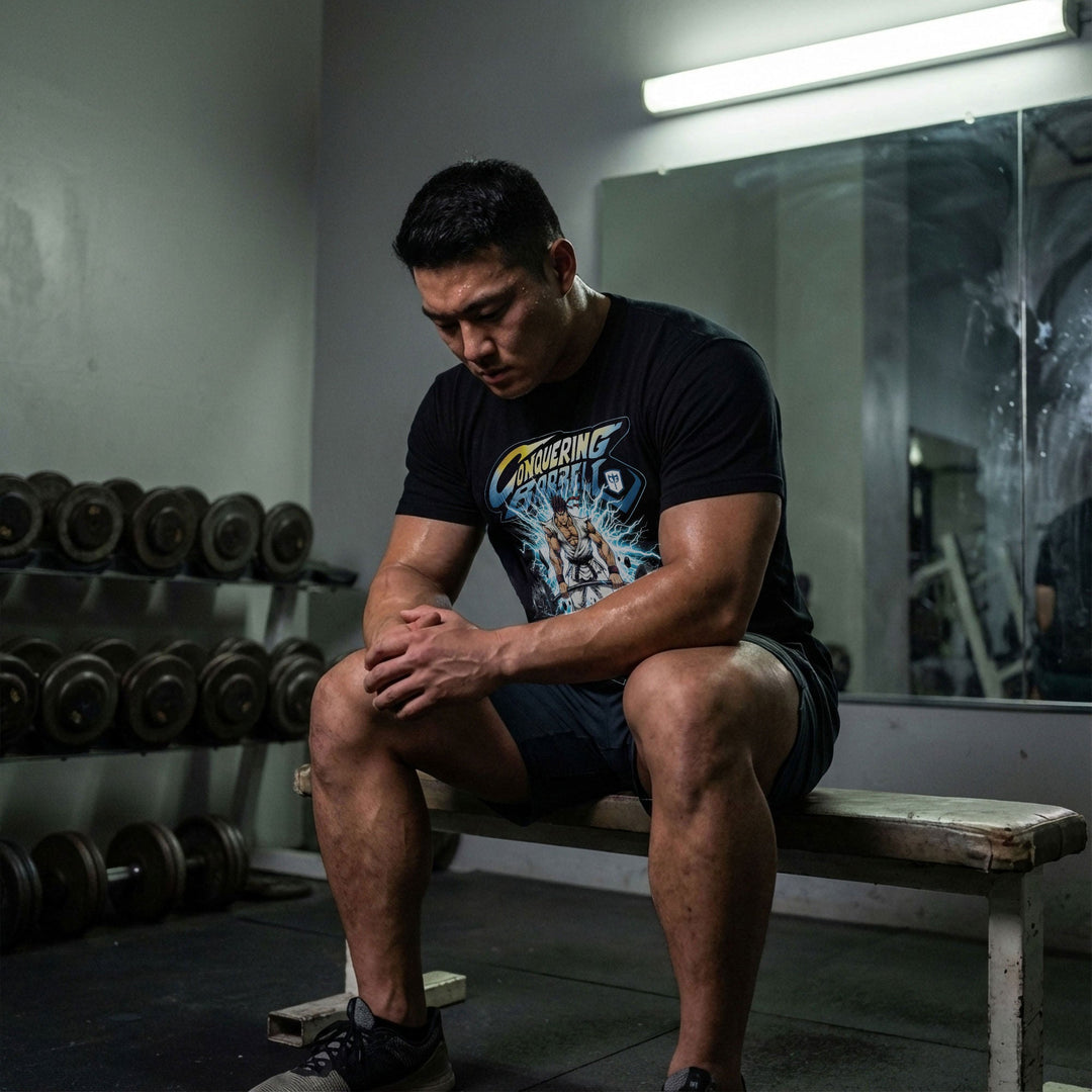 The Deadlifting Warrior tee in Black: a white-gi warrior with a red headband ripping a barbell from shattered stone