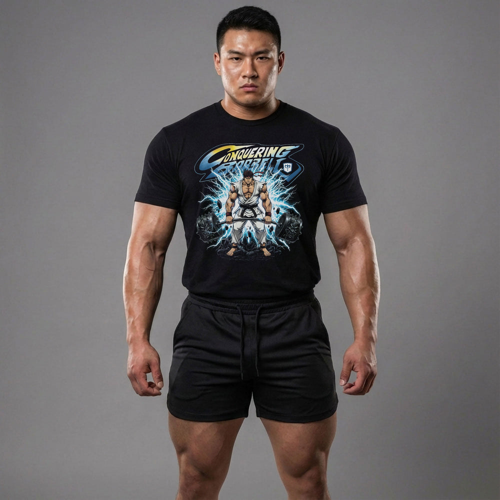 The Deadlifting Warrior tee in Black: a white-gi warrior with a red headband ripping a barbell from shattered stone