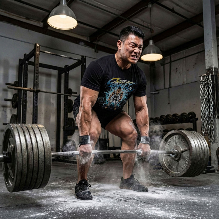 The Deadlifting Warrior tee in Black: a white-gi warrior with a red headband ripping a barbell from shattered stone