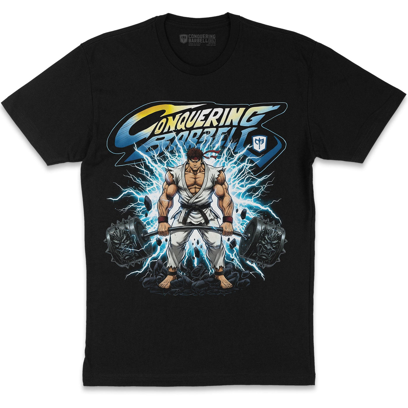 Conquering Barbell arcade fighter deadlifting—Ryu-inspired character with lightning and cracked stone on black tee