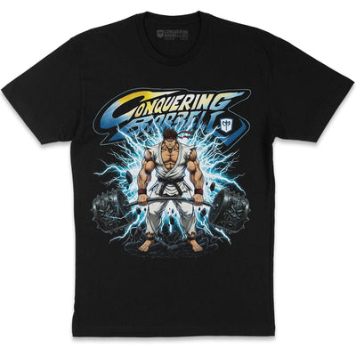 Conquering Barbell arcade fighter deadlifting—Ryu-inspired character with lightning and cracked stone on black tee