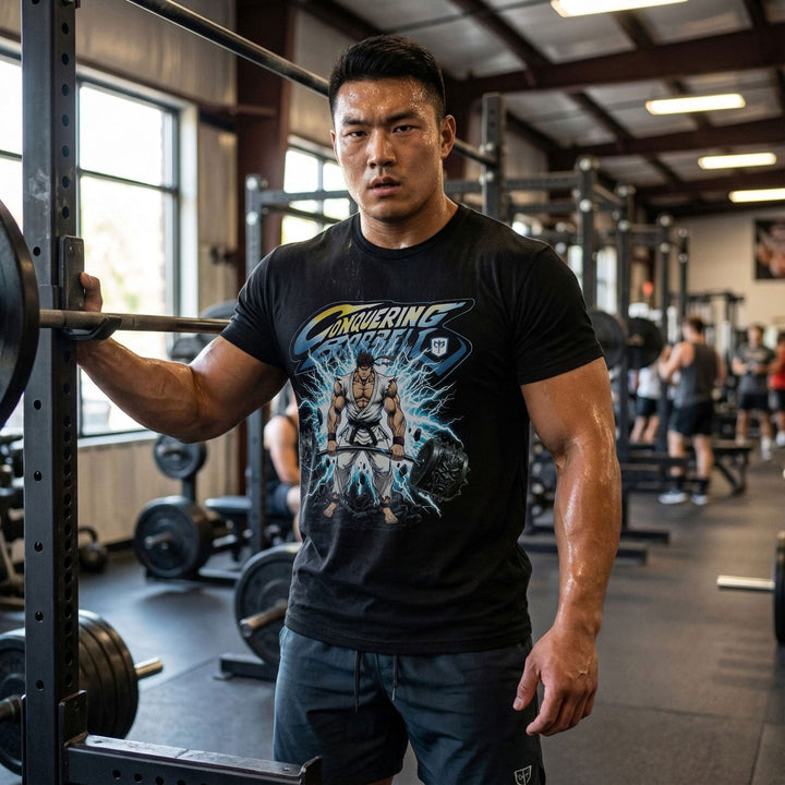 The Deadlifting Warrior tee in Black: a white-gi warrior with a red headband ripping a barbell from shattered stone