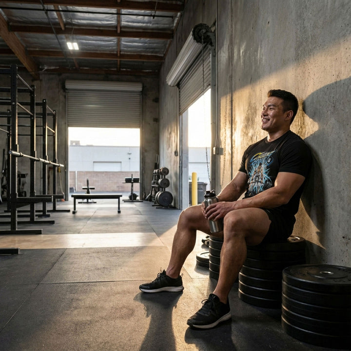 The Deadlifting Warrior tee in Black: a white-gi warrior with a red headband ripping a barbell from shattered stone