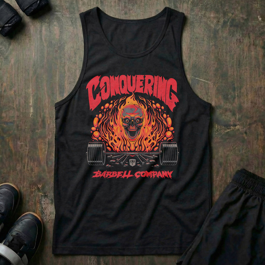 The Flaming Skull - on Black tank top - Conquering Barbell