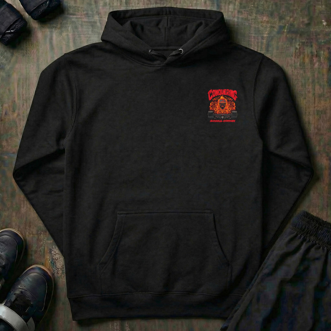 The Flaming Skull pullover hoodie in Black, front