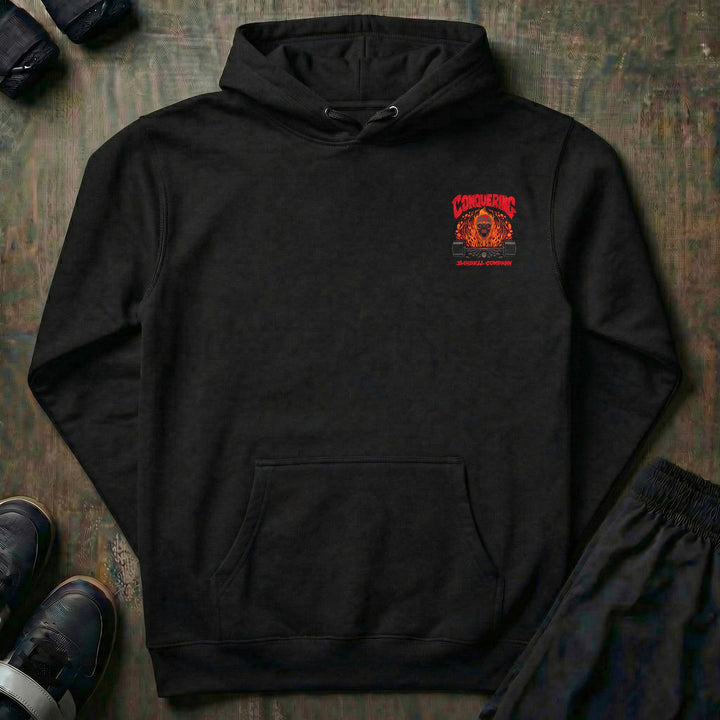 The Flaming Skull pullover hoodie in Black, front