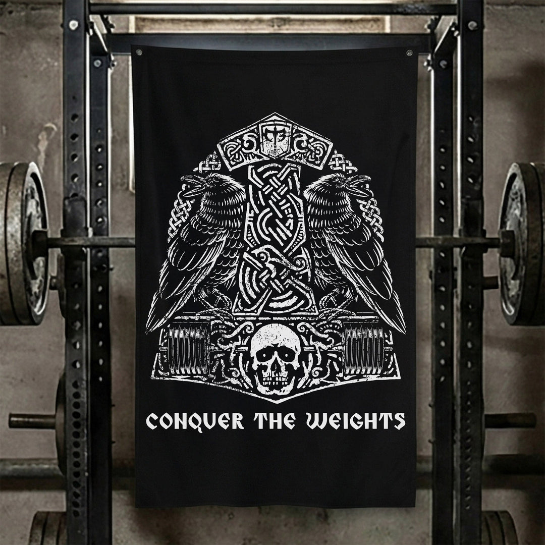 The Hammer & The Ravens Flag - Polyester Flag, vertical black gym flag with war hammer flanked by two ravens and Norse knotwork - Conquering Barbell