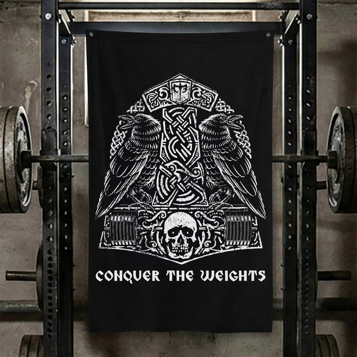 The Hammer &amp; The Ravens Flag - Polyester Flag, vertical black gym flag with war hammer flanked by two ravens and Norse knotwork - Conquering Barbell