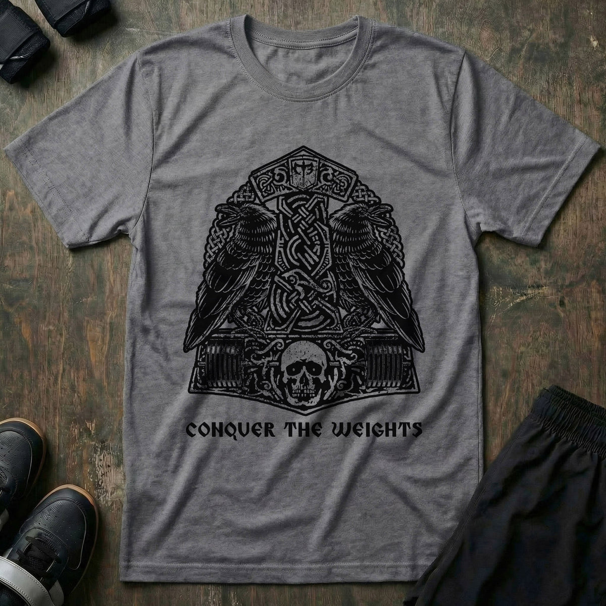 The Hammer & The Ravens tee in Heather Grey: a war hammer flanked by two ravens and Norse knotwork above a skull