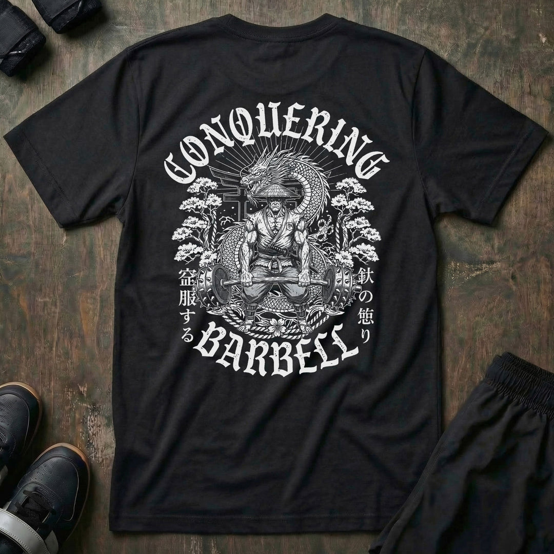 The Iron Ronin tee in Black: a samurai pulling heavy with a dragon coiled overhead