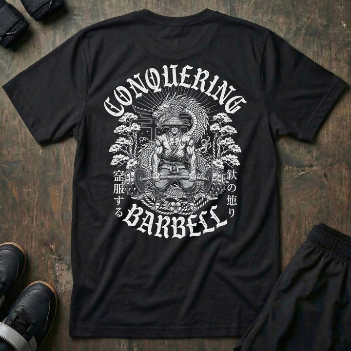 The Iron Ronin tee in Black: a samurai pulling heavy with a dragon coiled overhead