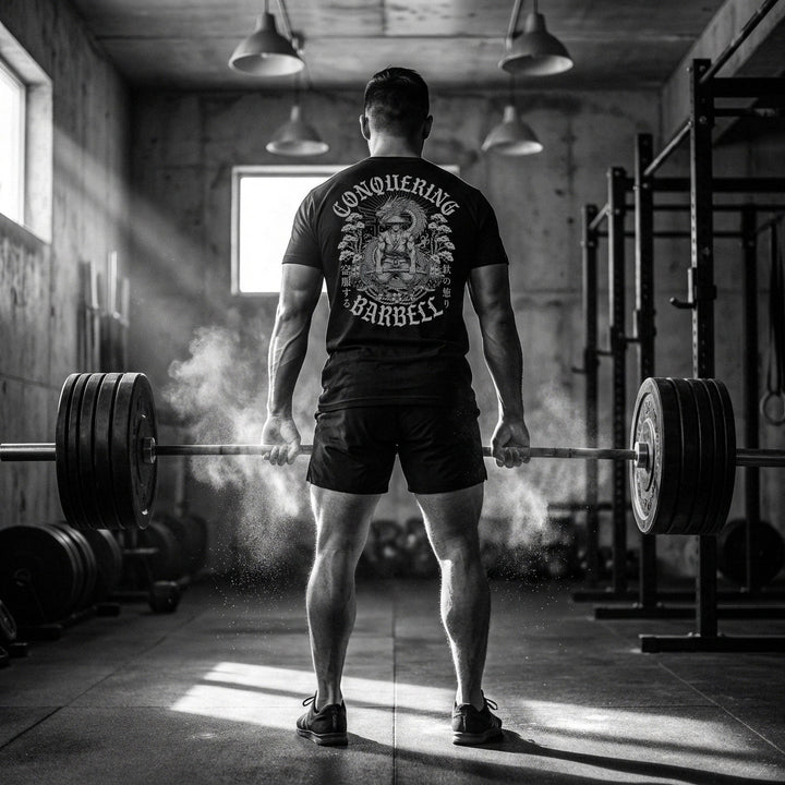 The Iron Ronin tee in Black: a samurai pulling heavy with a dragon coiled overhead