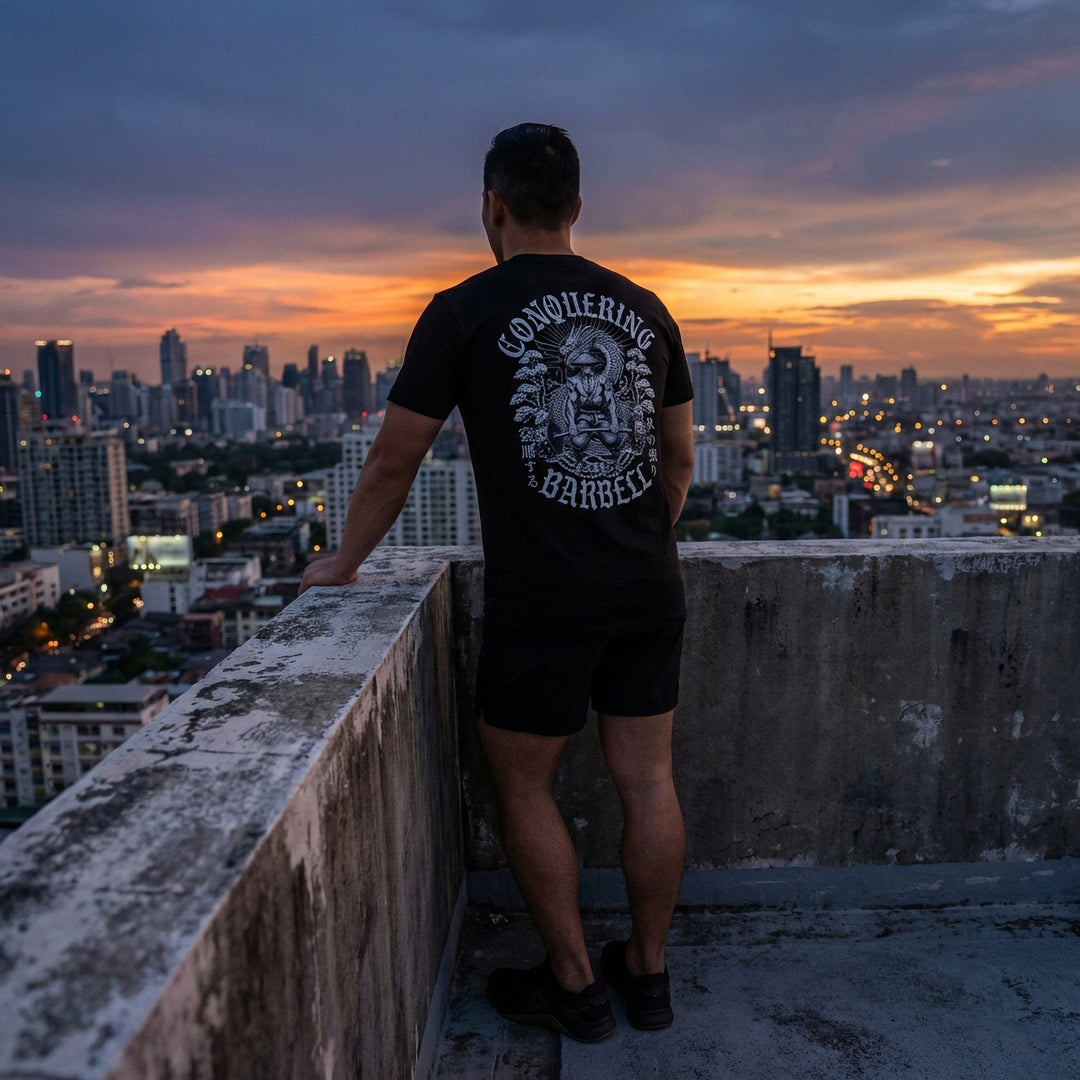 The Iron Ronin tee in Black: a samurai pulling heavy with a dragon coiled overhead