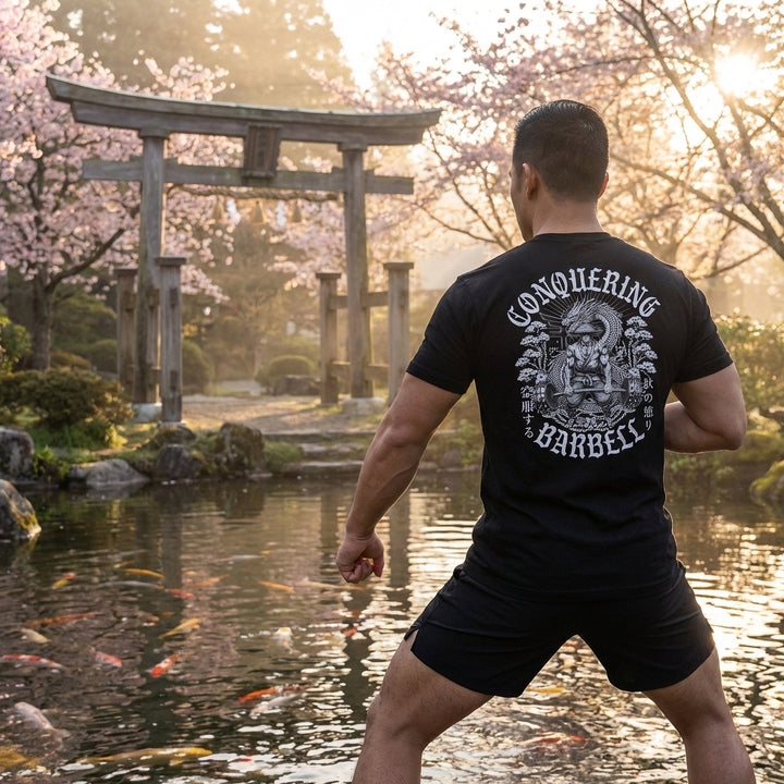The Iron Ronin tee in Black: a samurai pulling heavy with a dragon coiled overhead