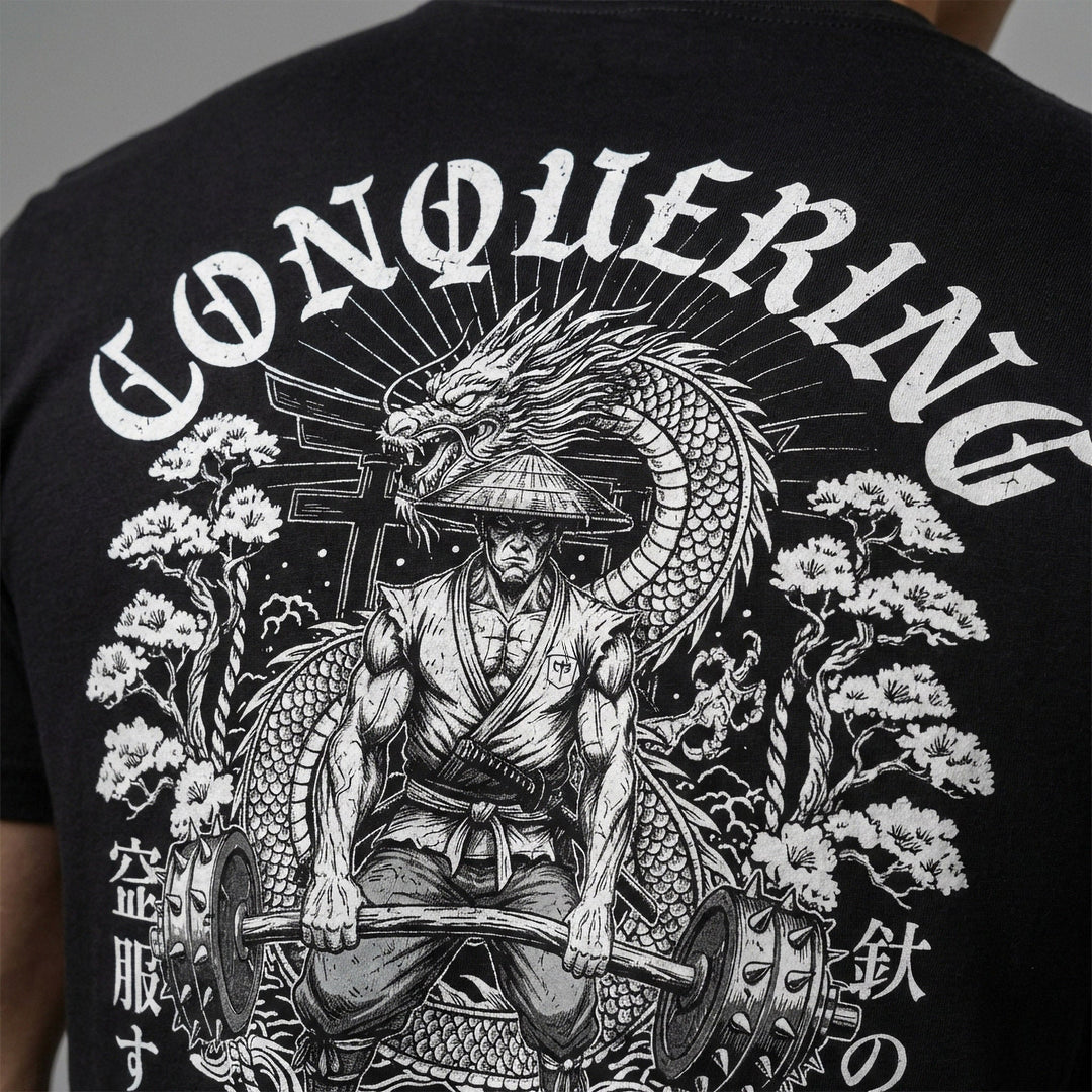The Iron Ronin tee in Black: a samurai pulling heavy with a dragon coiled overhead