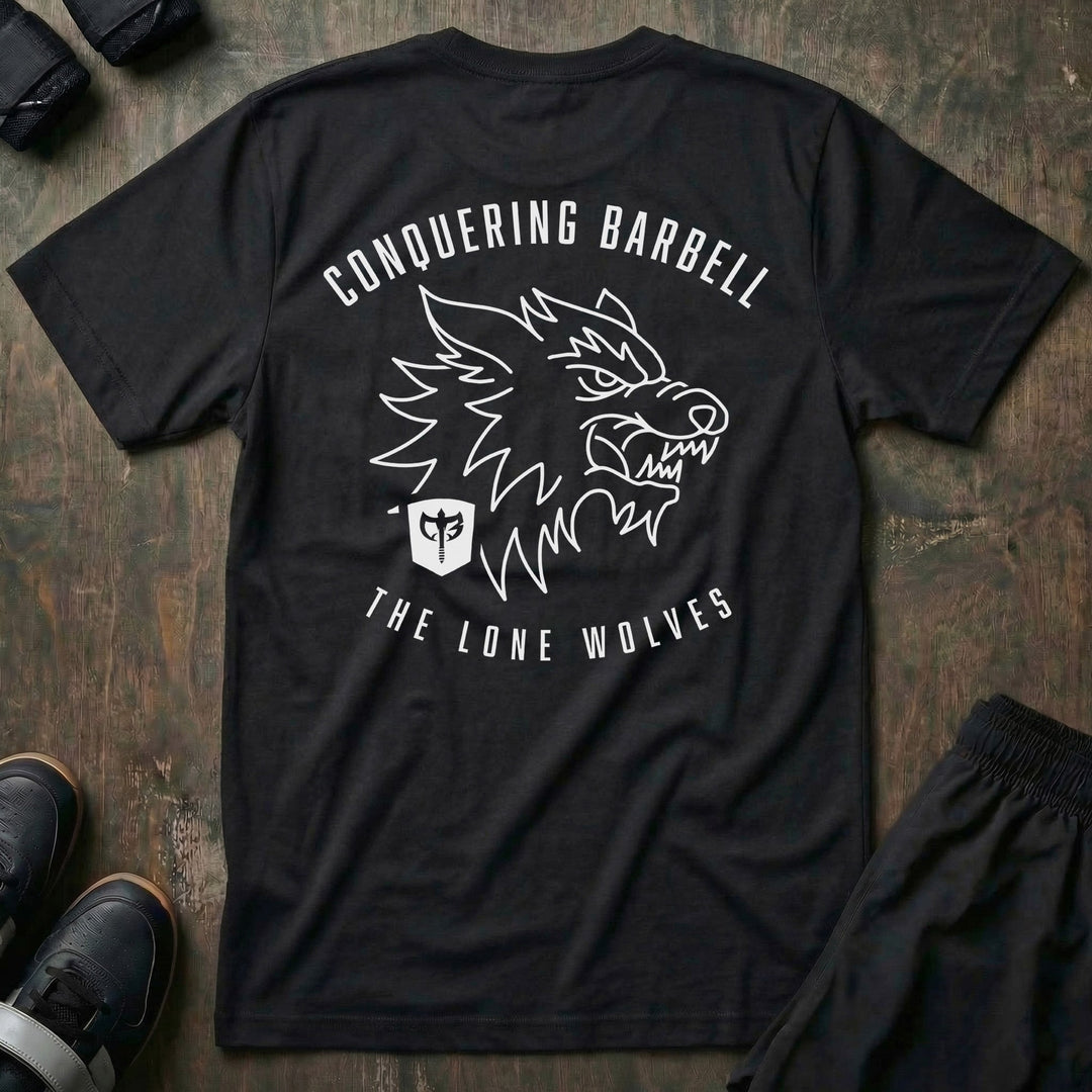 The Lone Wolves tee in Black: a snarling line-art wolf head with the CB shield