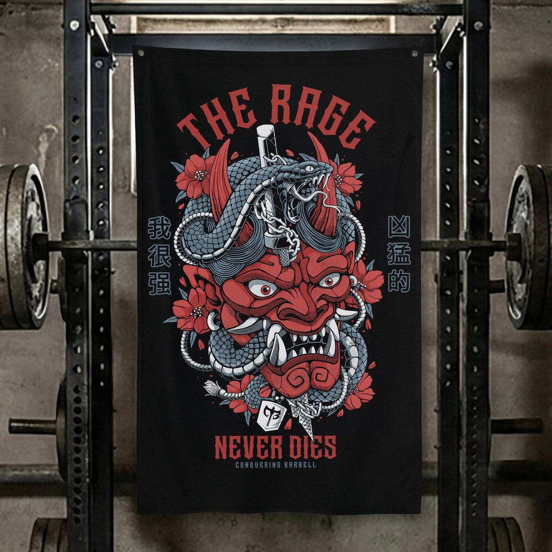 The Rage Never Dies - Hannya Mask - 3' x 5' Polyester Flag - Conquering Barbell