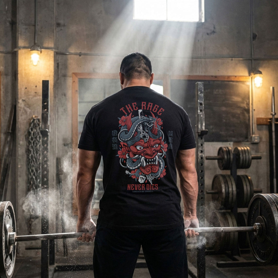 The Rage Never Dies - Hannya Mask - Black Tee - Conquering Barbell