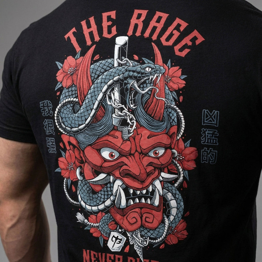 The Rage Never Dies - Hannya Mask - Black Tee - Conquering Barbell