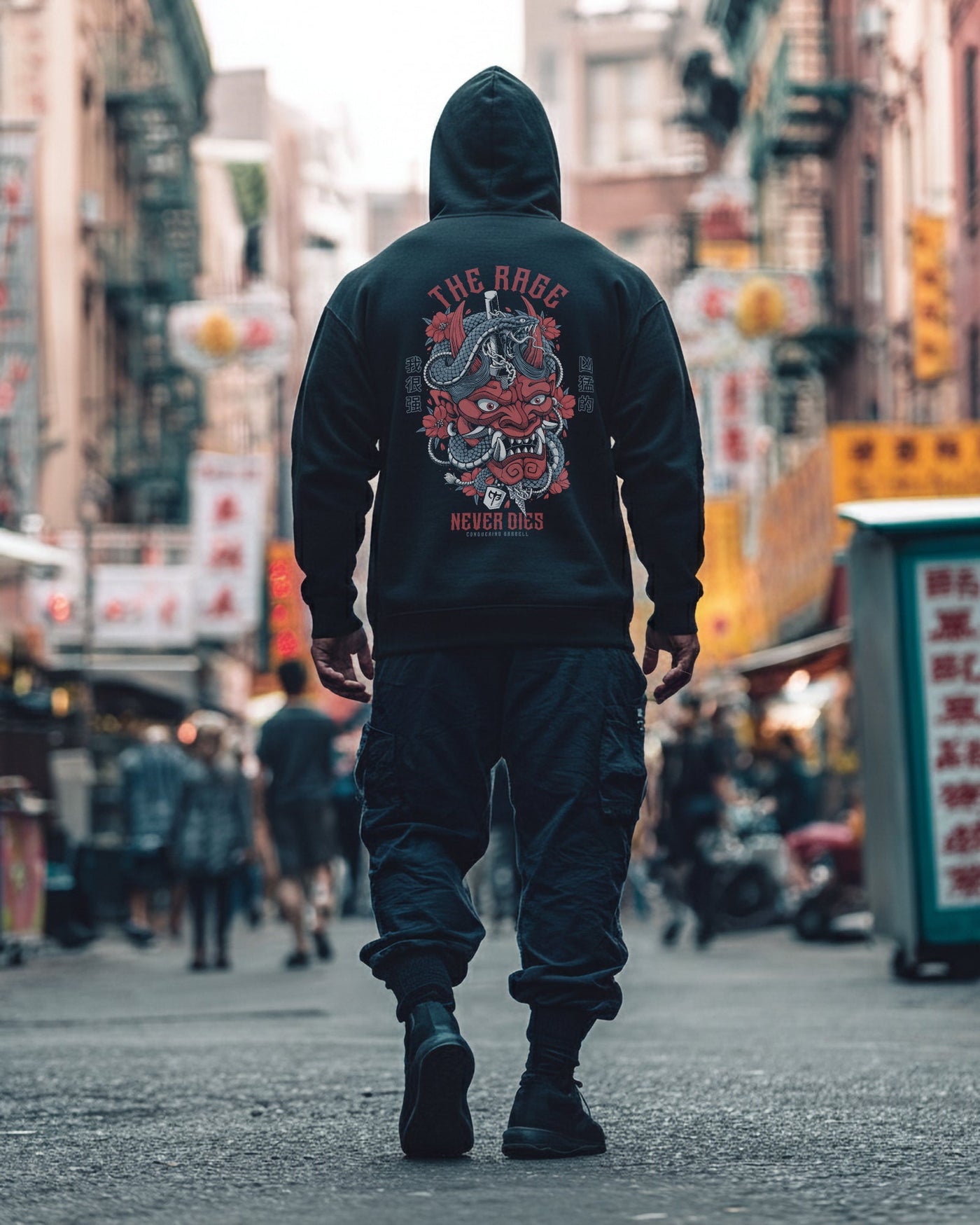 The Rage Never Dies - Hannya Mask - on Black Pullover Hoodie - Conquering Barbell