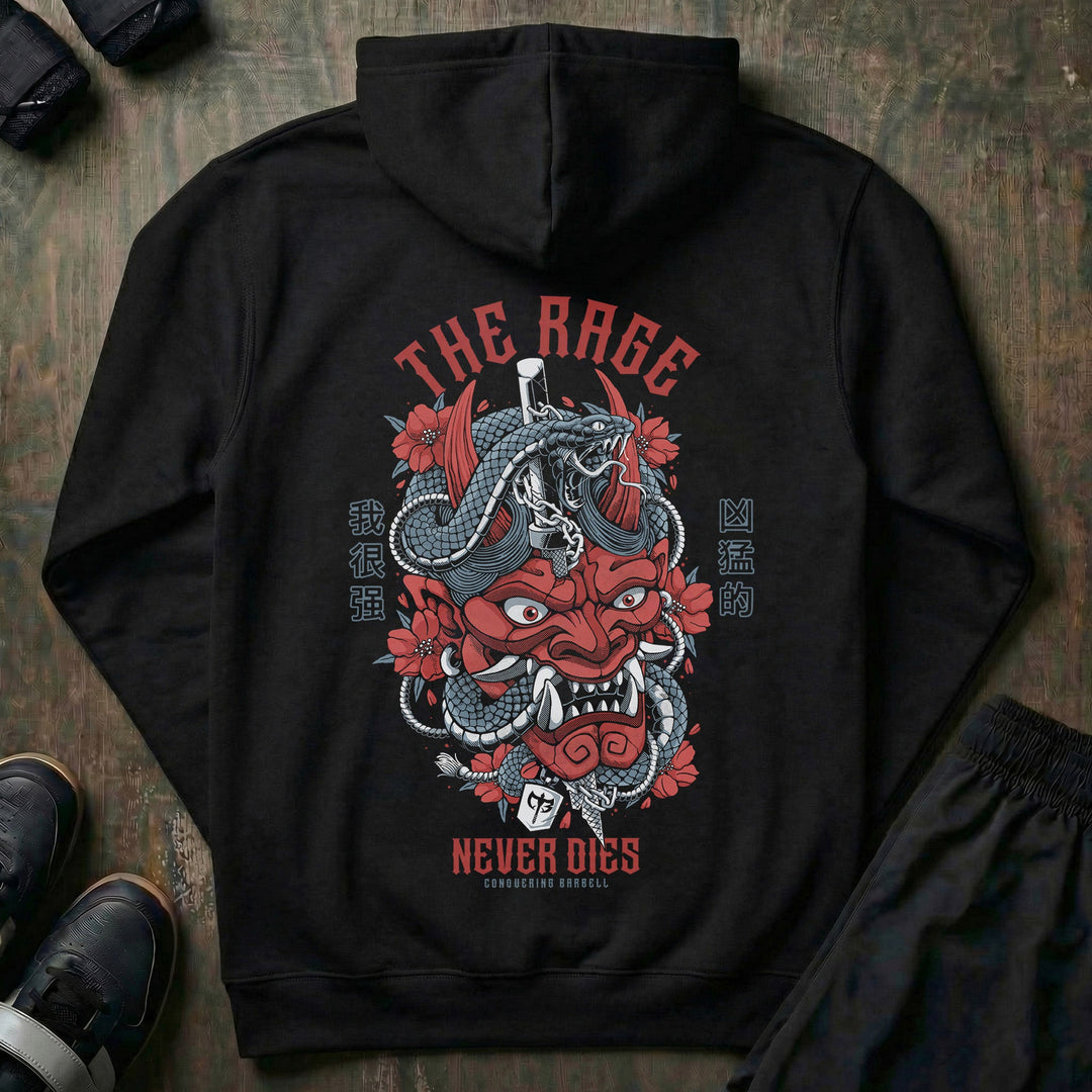 The Rage Never Dies - Hannya Mask - on Black Pullover Hoodie - Conquering Barbell